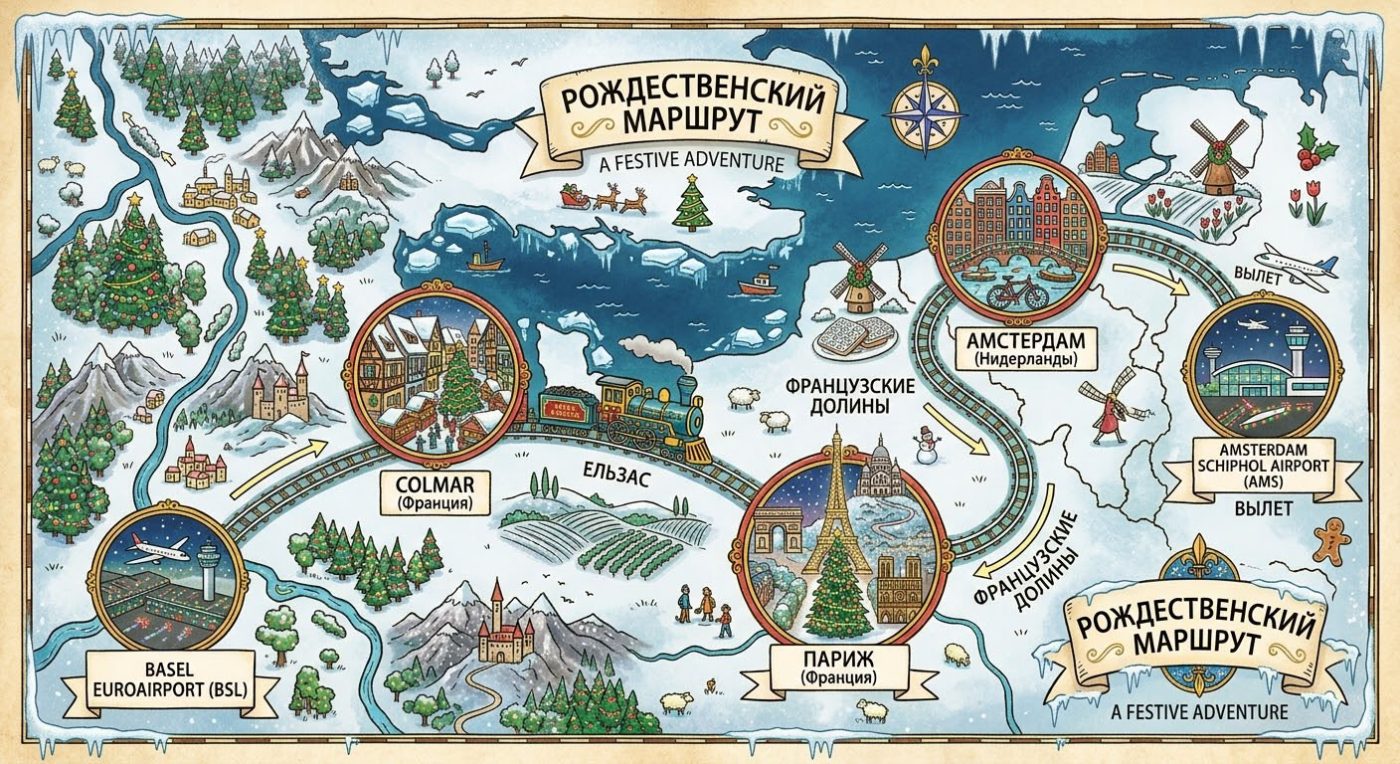 Карта маршрута: Базель, Кольмар, Париж, Версаль, Амстердам